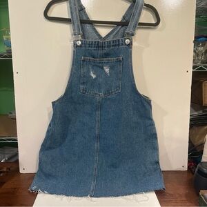 Pull&Bear Blue Denim Overalls Distressed Mini Dress Frayed Hem Size Large